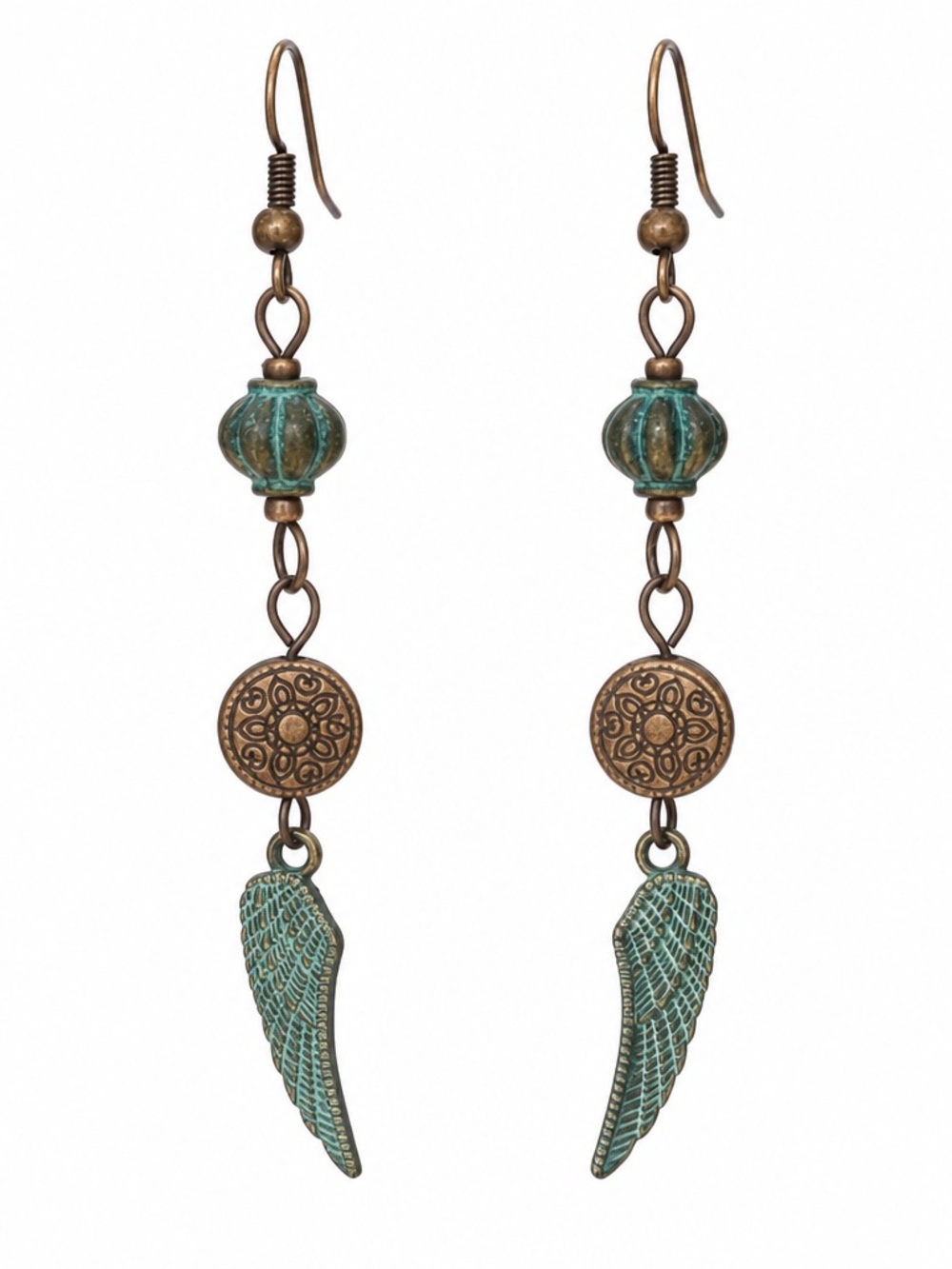 Boho Copper Earrings with Turquoise Patina Wing Charms